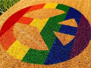 Rainbow Peace Sign Custom Handpainted Doormat by Killer Doormats
